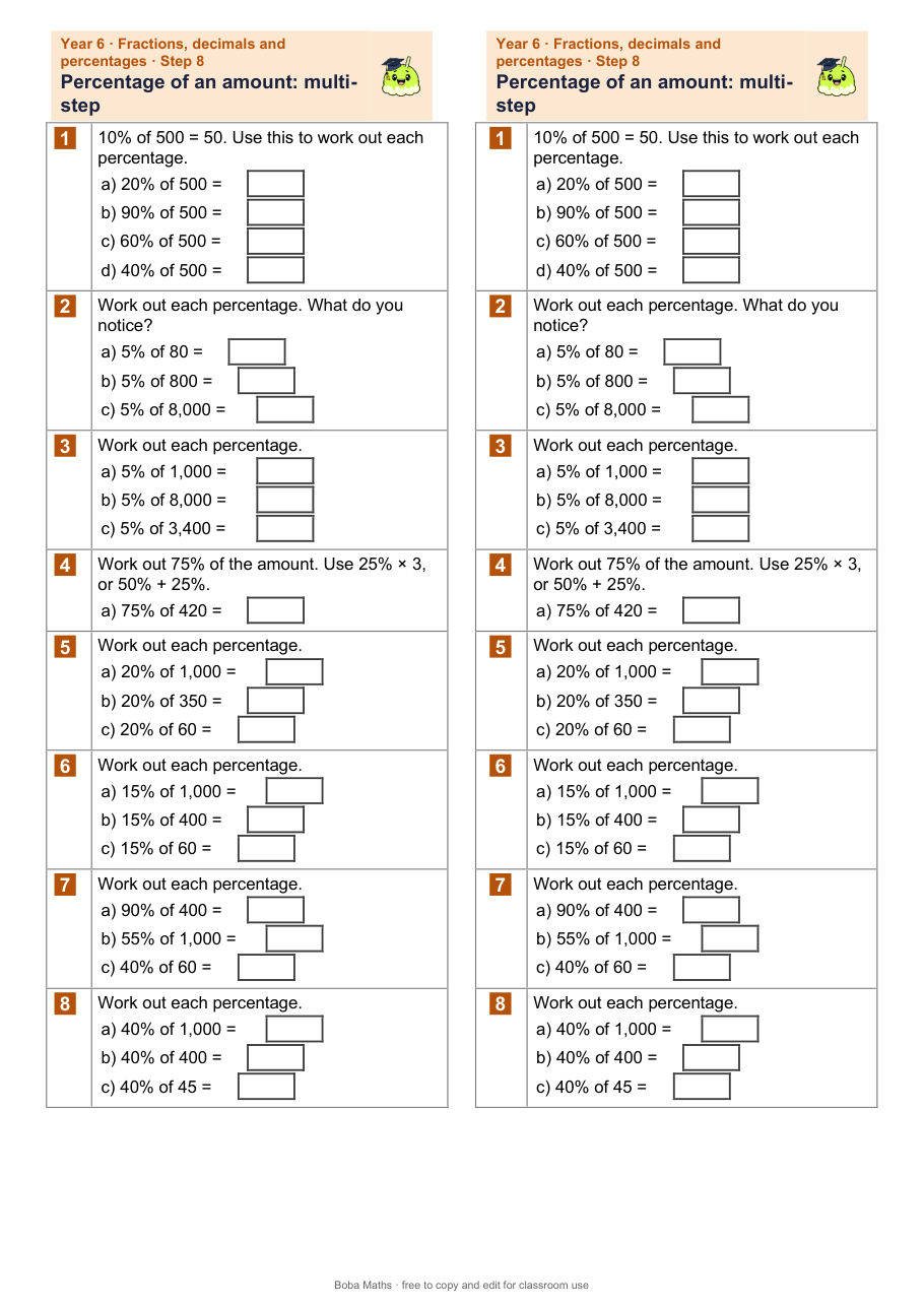 First page of the not scaffolded Percentage of an amount: multi-step sheet, printed twice side by side