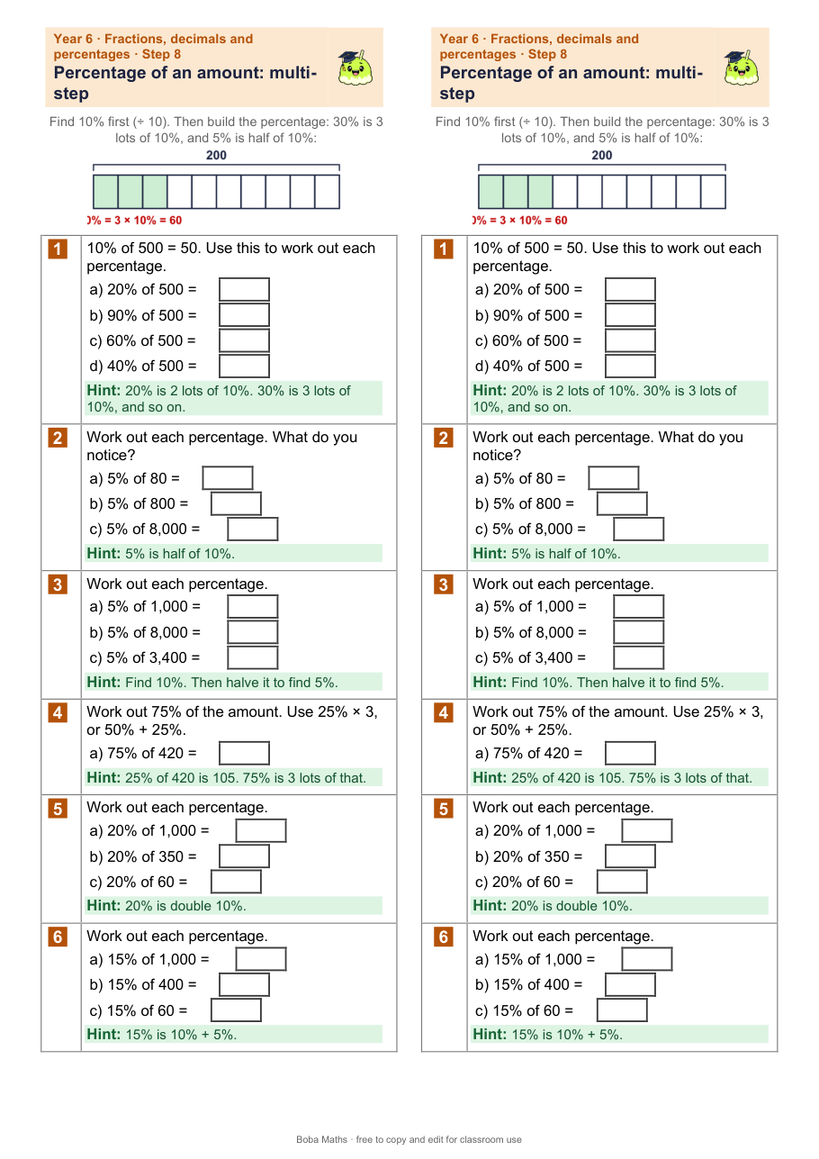 First page of the scaffolded Percentage of an amount: multi-step sheet, printed twice side by side