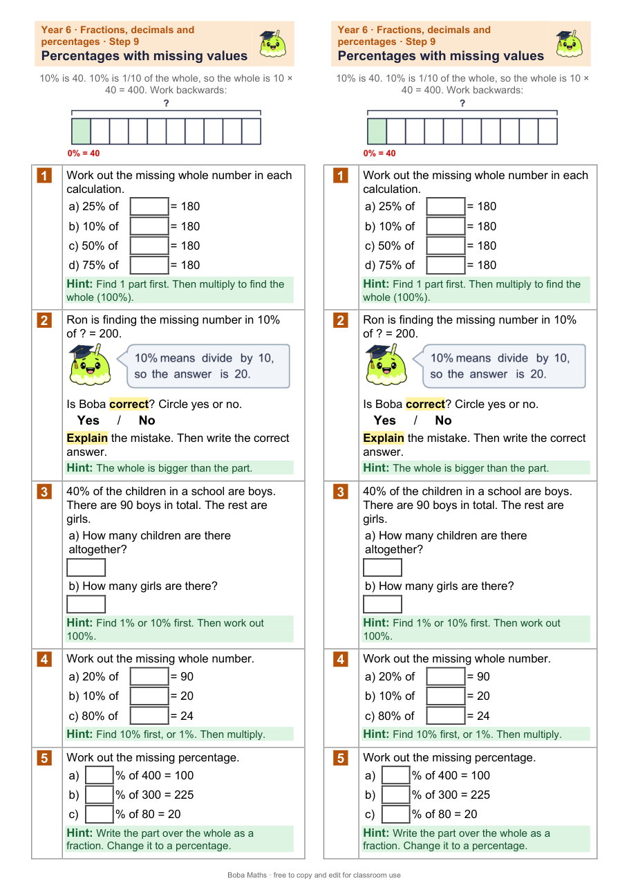 First page of the scaffolded Percentages with missing values sheet, printed twice side by side