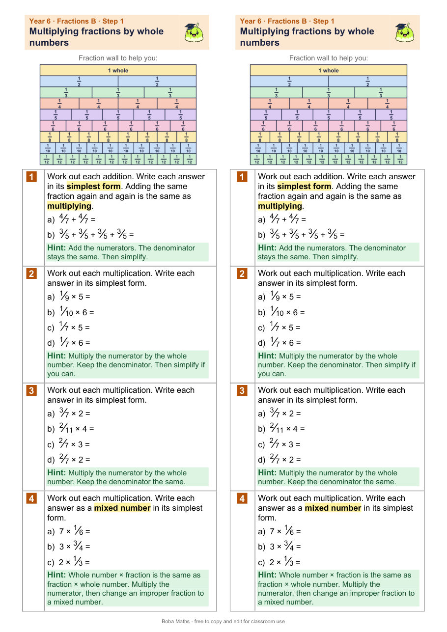 First page of the scaffolded Multiplying fractions by whole numbers sheet, printed twice side by side
