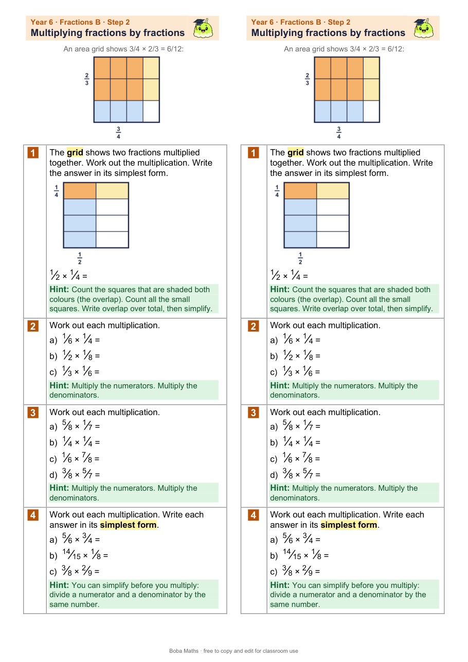 First page of the scaffolded Multiplying fractions by fractions sheet, printed twice side by side