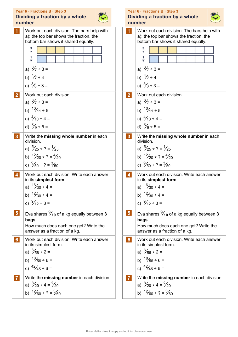 First page of the not scaffolded Dividing a fraction by a whole number sheet, printed twice side by side