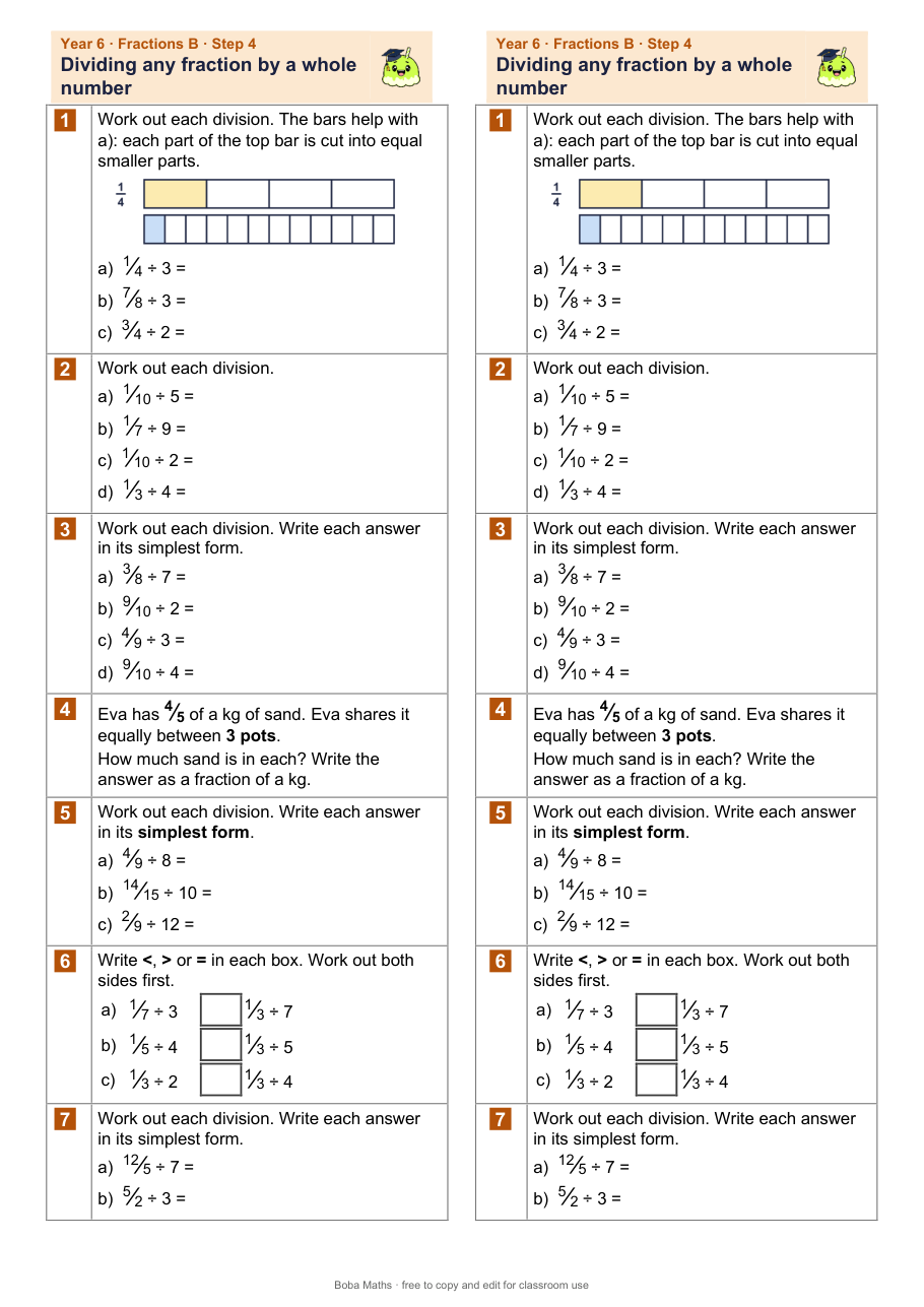 First page of the not scaffolded Dividing any fraction by a whole number sheet, printed twice side by side