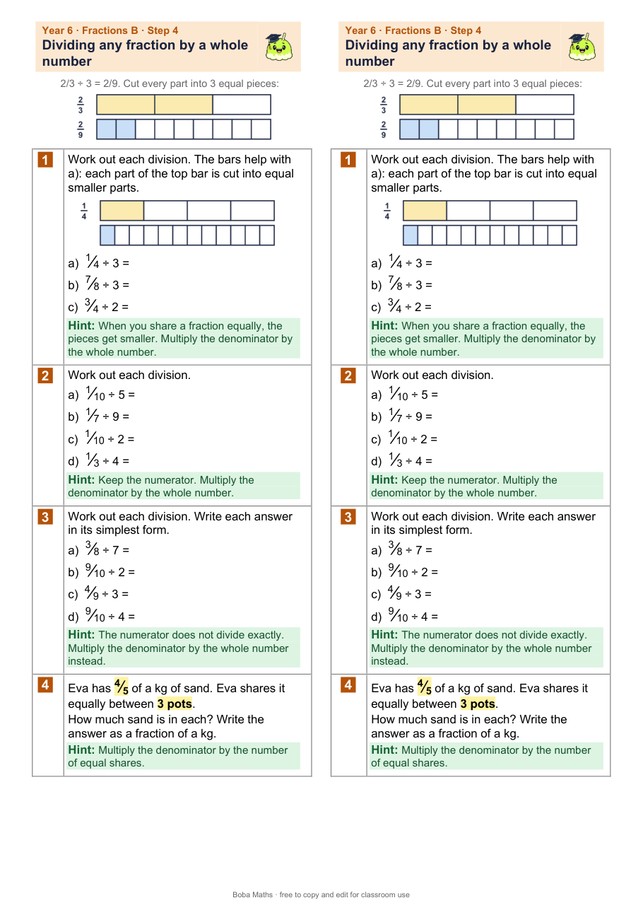 First page of the scaffolded Dividing any fraction by a whole number sheet, printed twice side by side