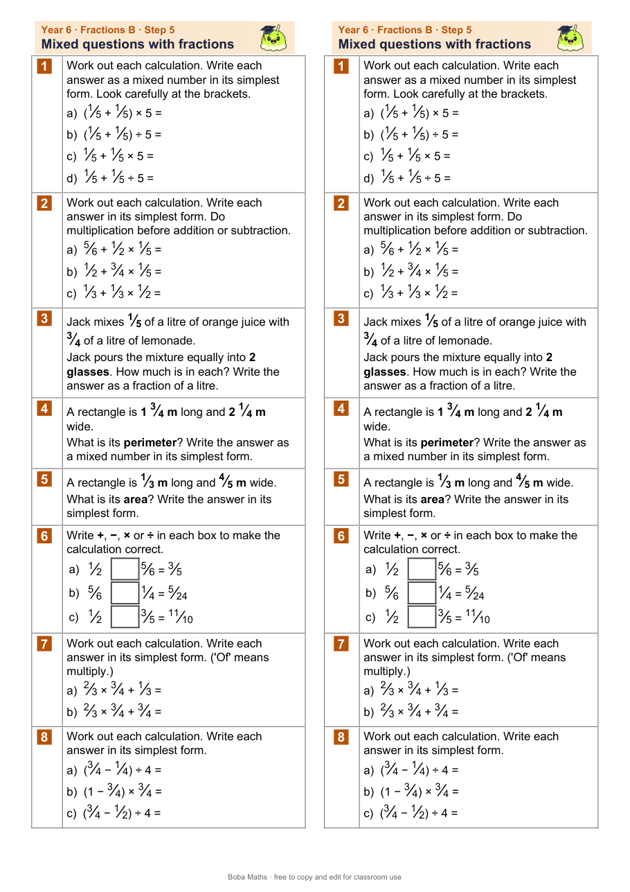First page of the not scaffolded Mixed fraction questions sheet, printed twice side by side