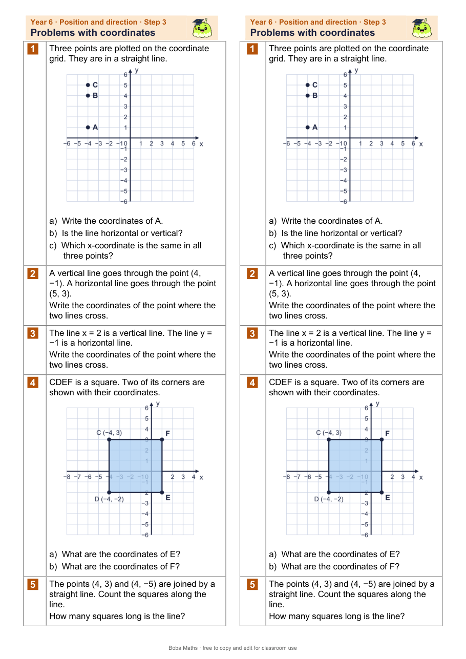 First page of the not scaffolded Problems with coordinates sheet, printed twice side by side