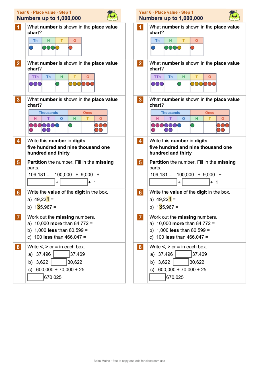 First page of the not scaffolded Numbers up to 1,000,000 sheet, printed twice side by side