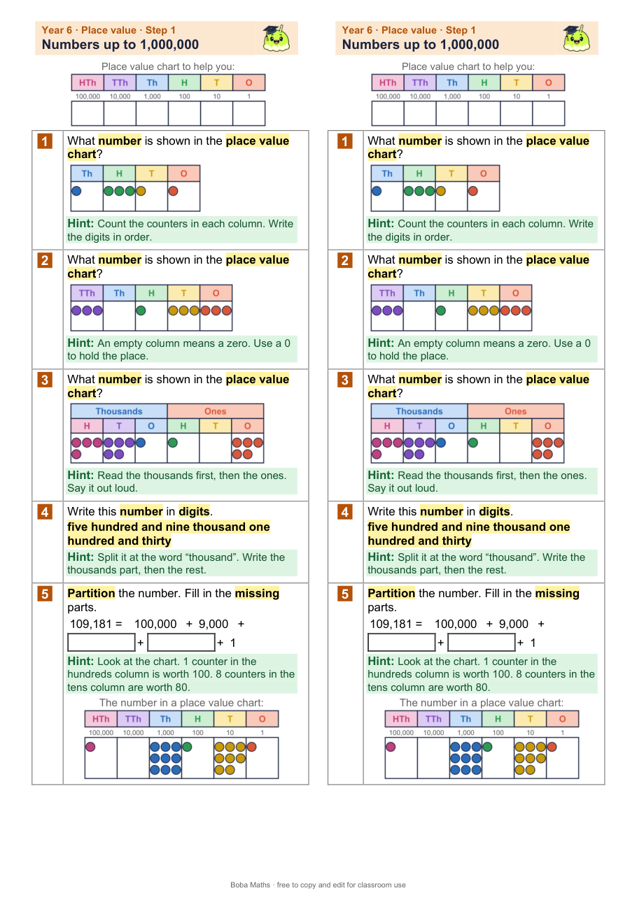 First page of the scaffolded Numbers up to 1,000,000 sheet, printed twice side by side