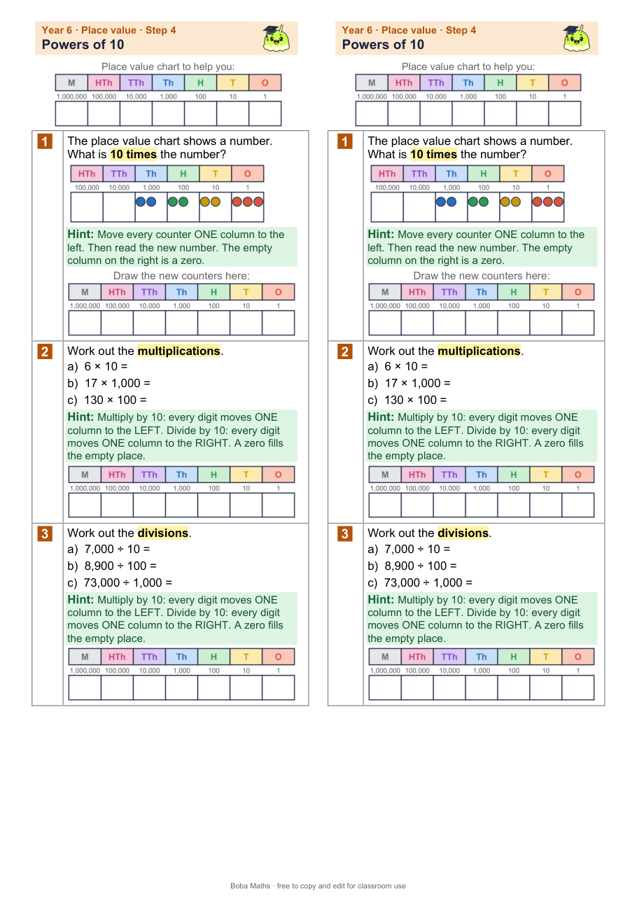 First page of the scaffolded Powers of 10 sheet, printed twice side by side