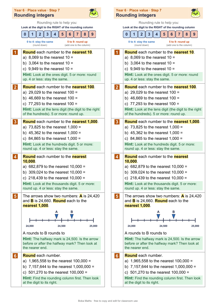 First page of the scaffolded Rounding integers sheet, printed twice side by side