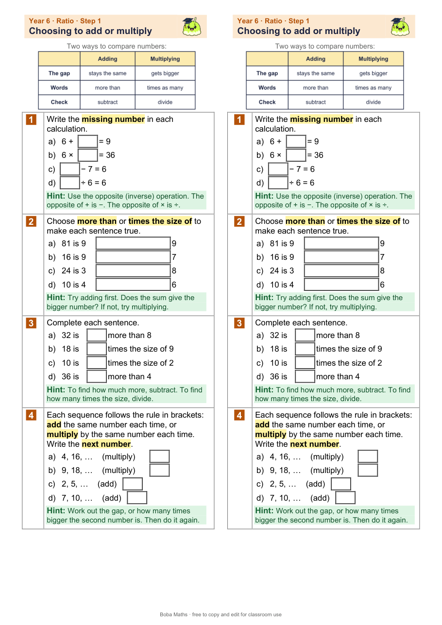 First page of the scaffolded Choosing to add or multiply sheet, printed twice side by side