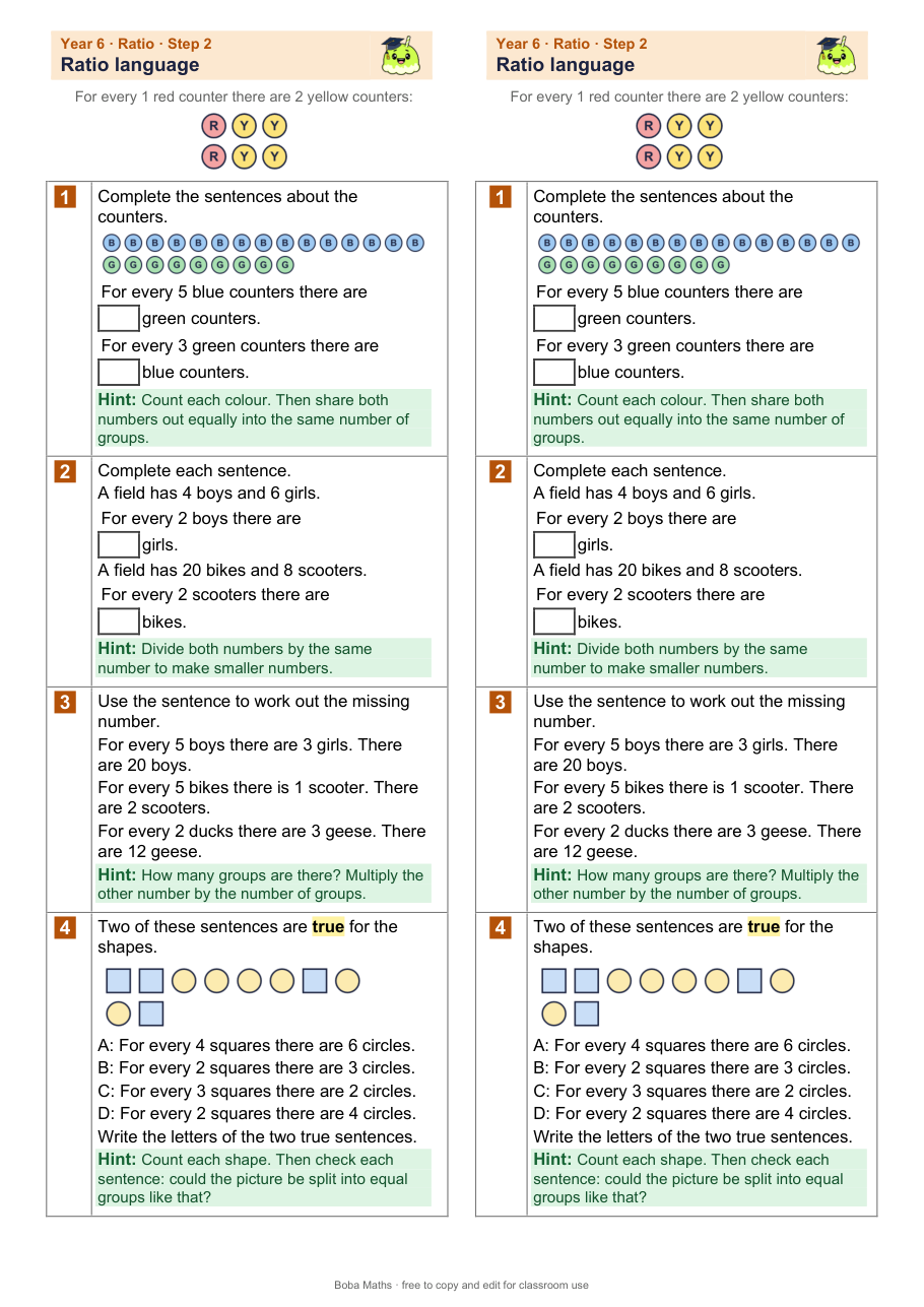 First page of the scaffolded Ratio language sheet, printed twice side by side