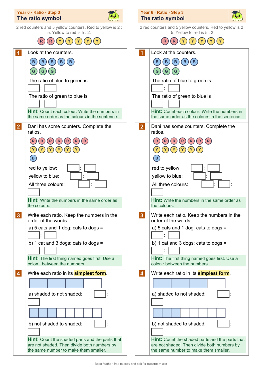 First page of the scaffolded The ratio symbol sheet, printed twice side by side