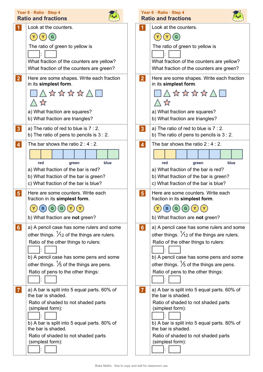 First page of the not scaffolded Ratio and fractions sheet, printed twice side by side