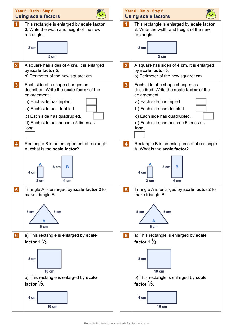 First page of the not scaffolded Using scale factors sheet, printed twice side by side