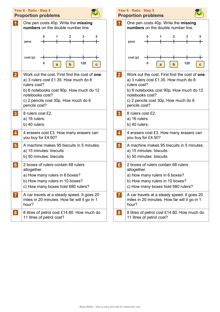 First page of the not scaffolded Proportion problems sheet, printed twice side by side