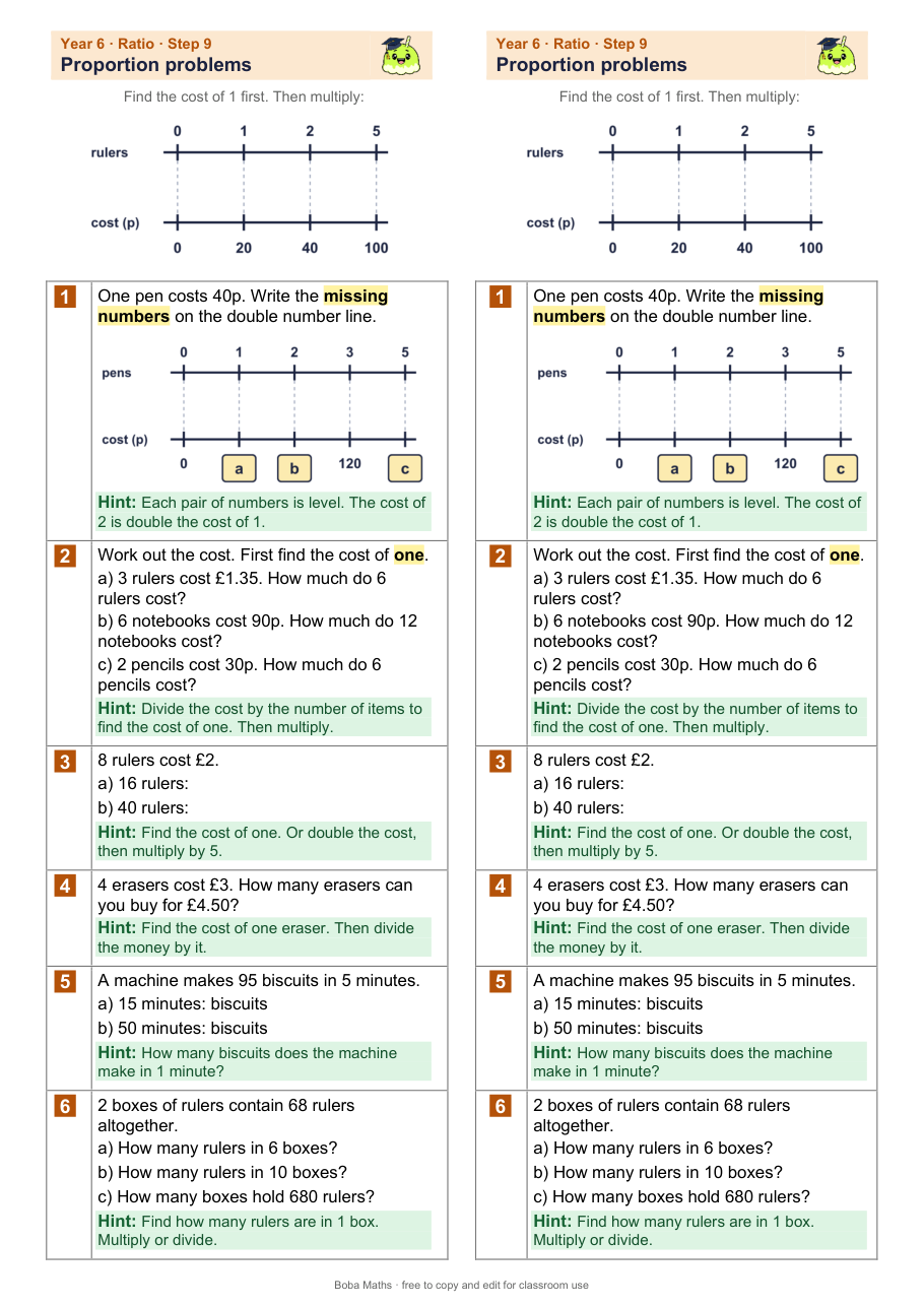 First page of the scaffolded Proportion problems sheet, printed twice side by side