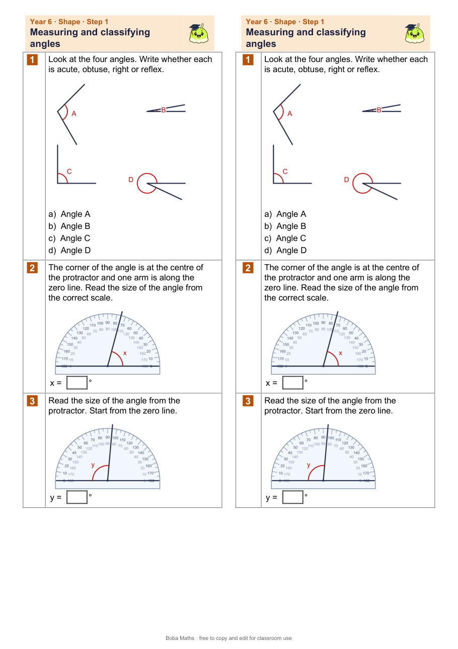 First page of the not scaffolded Measuring and classifying angles sheet, printed twice side by side