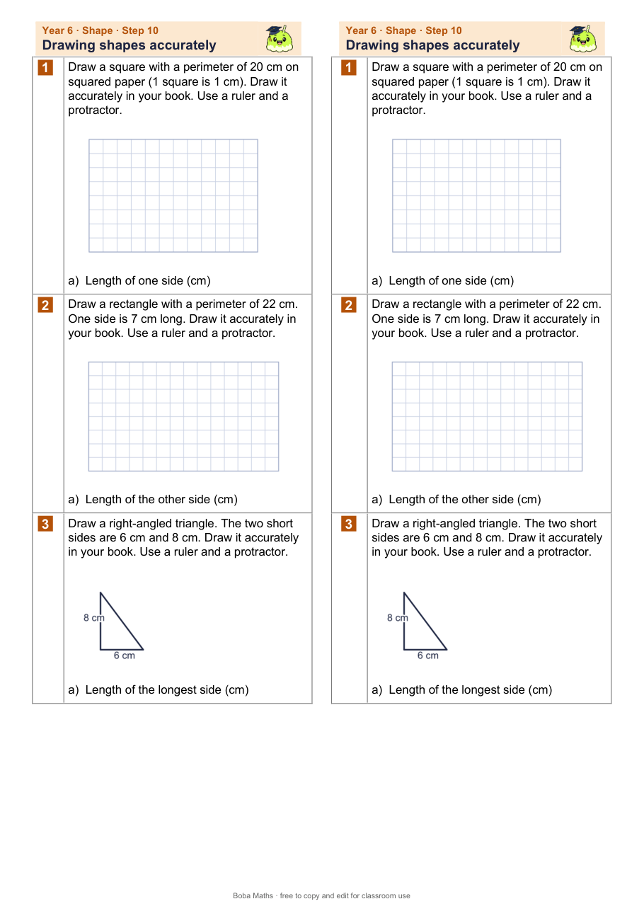 First page of the not scaffolded Drawing shapes accurately sheet, printed twice side by side
