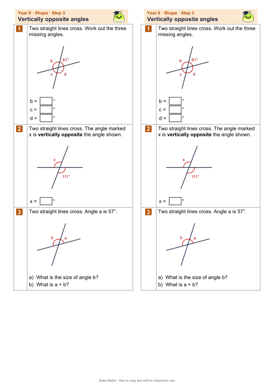 First page of the not scaffolded Vertically opposite angles sheet, printed twice side by side