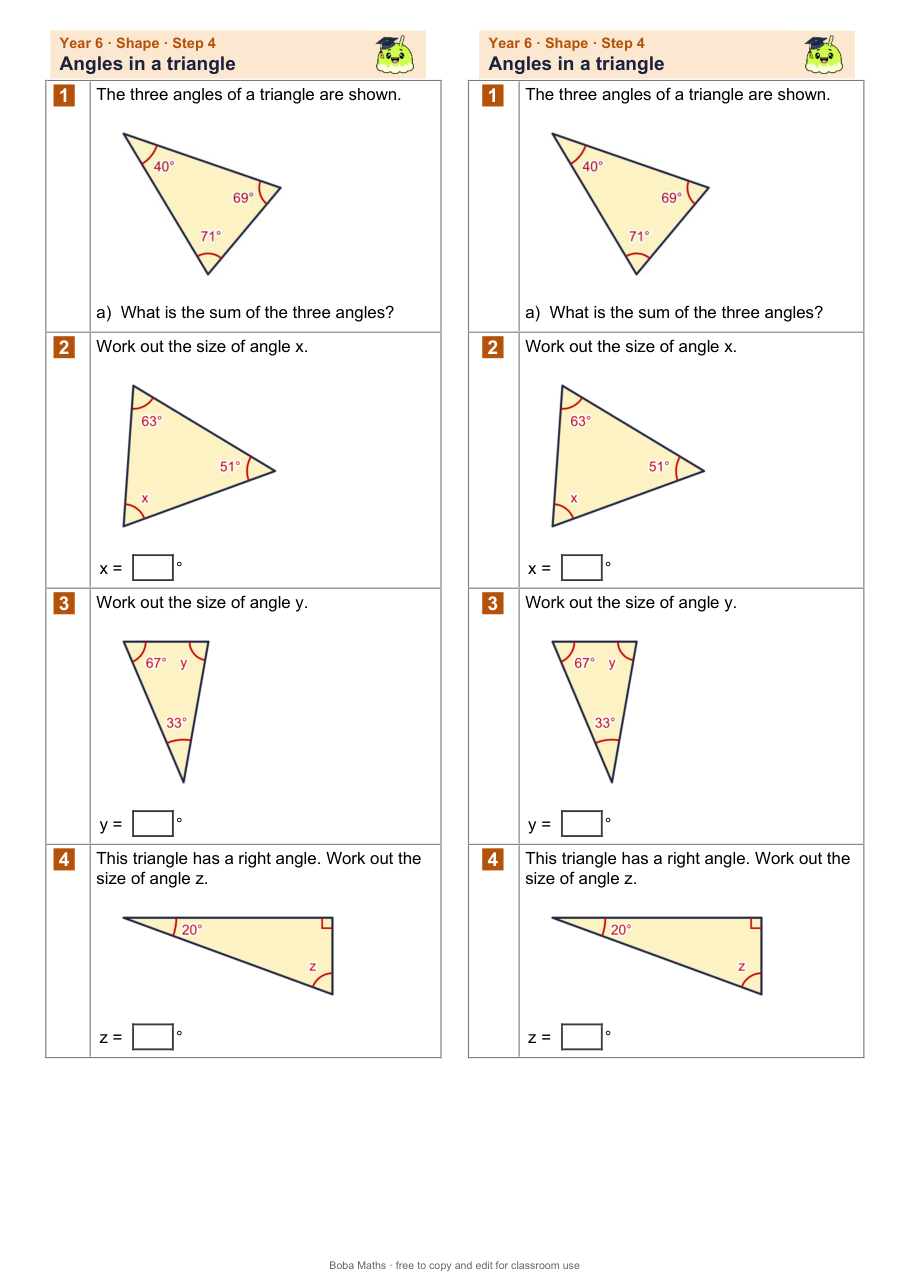 First page of the not scaffolded Angles in a triangle sheet, printed twice side by side