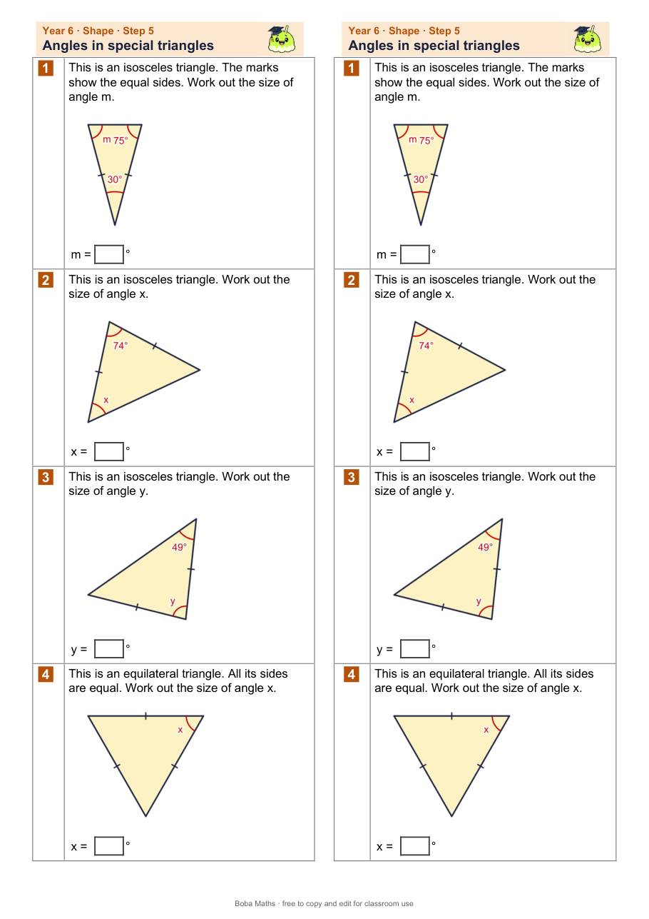 First page of the not scaffolded Angles in special triangles sheet, printed twice side by side