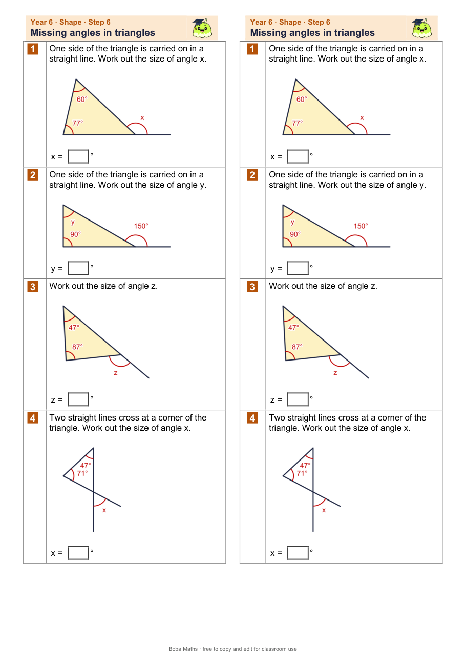 First page of the not scaffolded Missing angles in triangles sheet, printed twice side by side