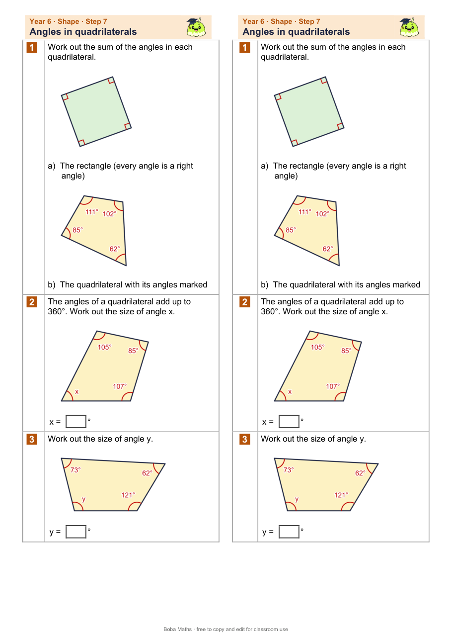 First page of the not scaffolded Angles in quadrilaterals sheet, printed twice side by side