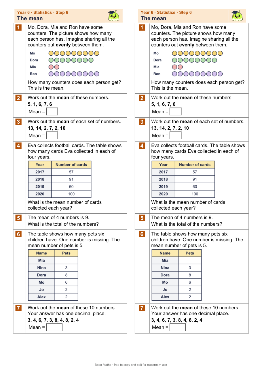 First page of the not scaffolded The mean sheet, printed twice side by side