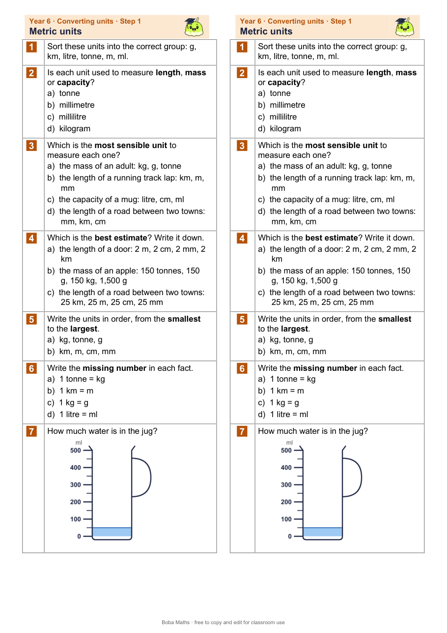 First page of the not scaffolded Metric units sheet, printed twice side by side