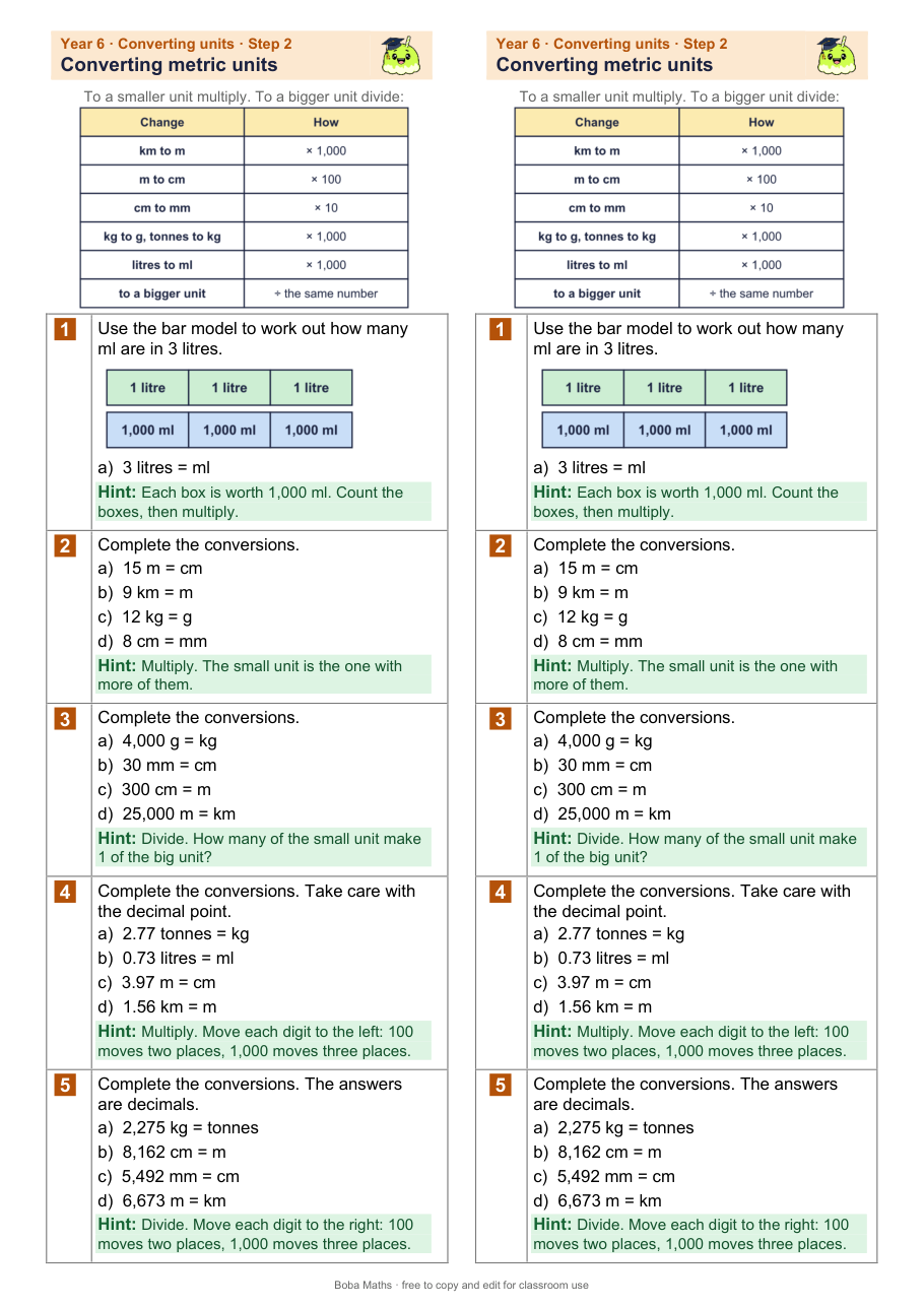 First page of the scaffolded Converting metric units sheet, printed twice side by side