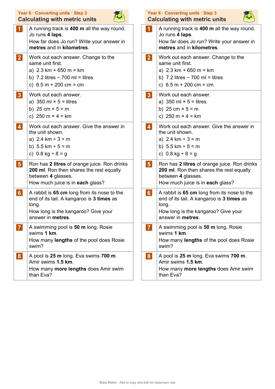 First page of the not scaffolded Calculating with metric units sheet, printed twice side by side