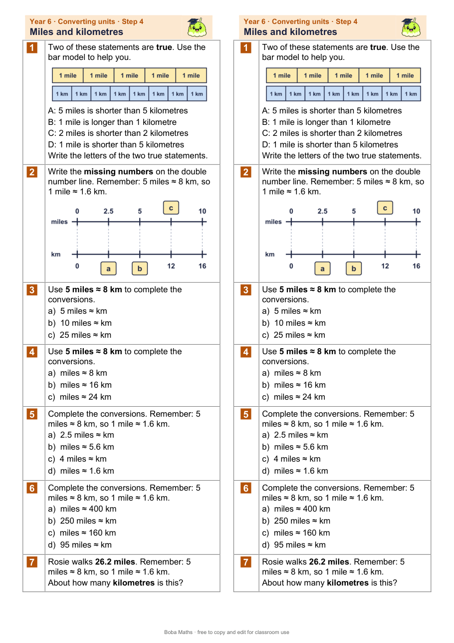 First page of the not scaffolded Miles and kilometres sheet, printed twice side by side