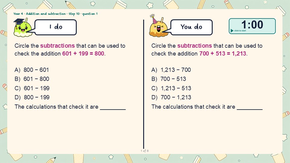 An I do and You do slide from the Year 4 Checking strategies PowerPoint, with a countdown timer