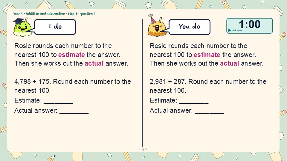 An I do and You do slide from the Year 4 Estimate answers PowerPoint, with a countdown timer