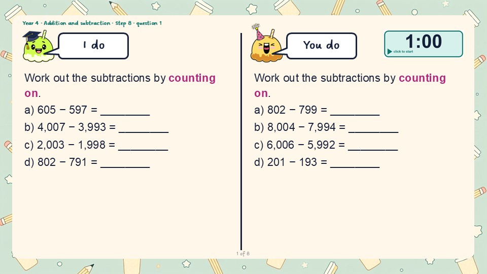 An I do and You do slide from the Year 4 Efficient subtraction PowerPoint, with a countdown timer
