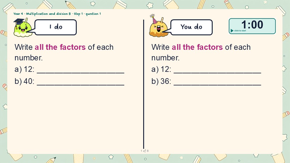 An I do and You do slide from the Year 4 Factor pairs PowerPoint, with a countdown timer