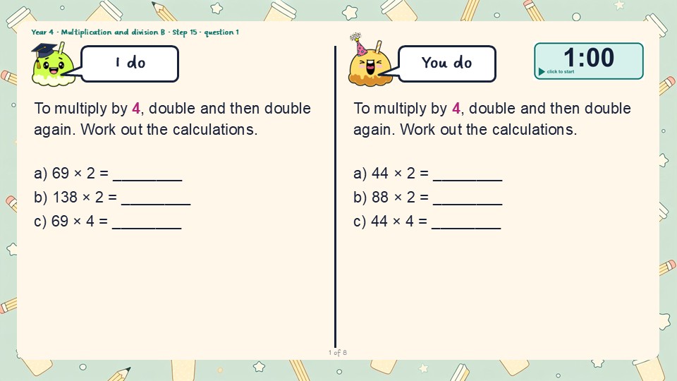 An I do and You do slide from the Year 4 Efficient multiplication PowerPoint, with a countdown timer