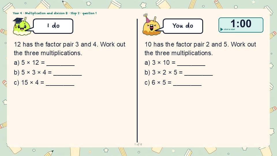 An I do and You do slide from the Year 4 Use factor pairs PowerPoint, with a countdown timer