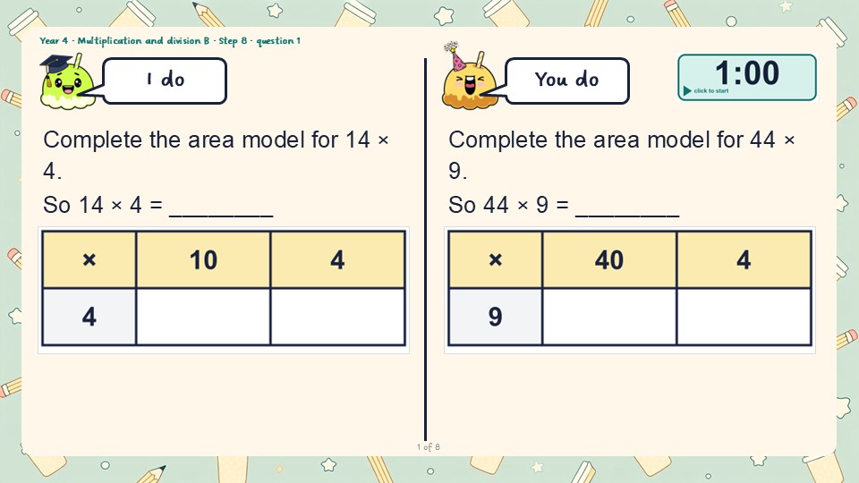 An I do and You do slide from the Year 4 Informal written methods for multiplication PowerPoint, with a countdown timer