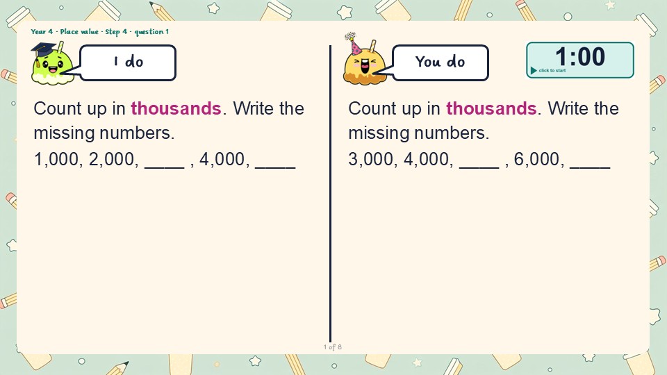 An I do and You do slide from the Year 4 Thousands PowerPoint, with a countdown timer