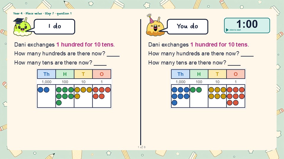 An I do and You do slide from the Year 4 Flexible partitioning of numbers to 10,000 PowerPoint, with a countdown timer