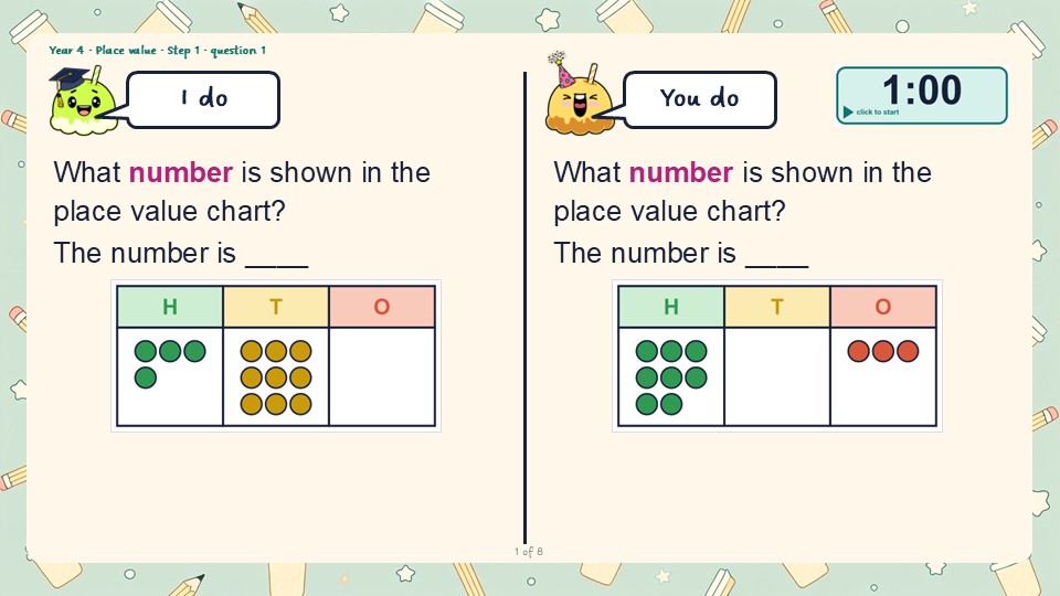 An I do and You do slide from the Year 4 Represent numbers to 1000 PowerPoint, with a countdown timer