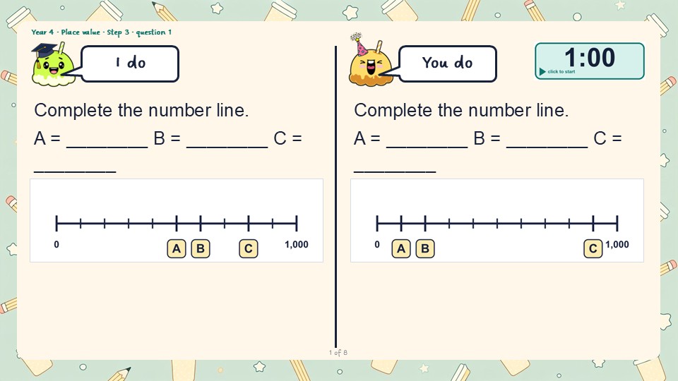 An I do and You do slide from the Year 4 Number line to 1000 PowerPoint, with a countdown timer