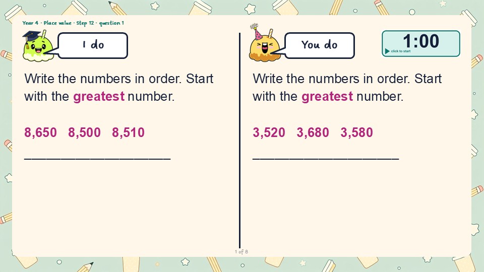 An I do and You do slide from the Year 4 Order numbers to 10,000 PowerPoint, with a countdown timer