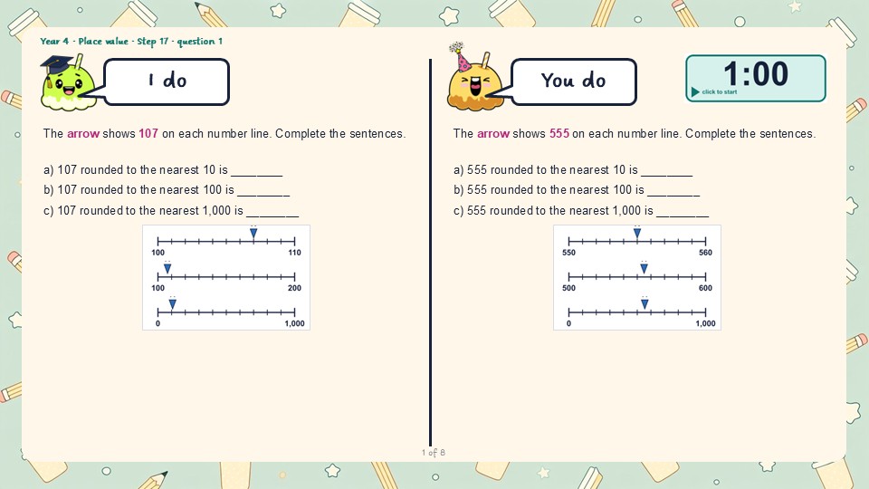 An I do and You do slide from the Year 4 Round to the nearest 10, 100 or 1,000 PowerPoint, with a countdown timer