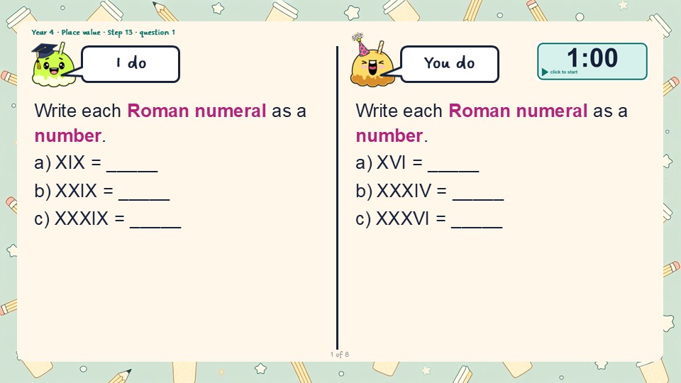 An I do and You do slide from the Year 4 Roman numerals PowerPoint, with a countdown timer